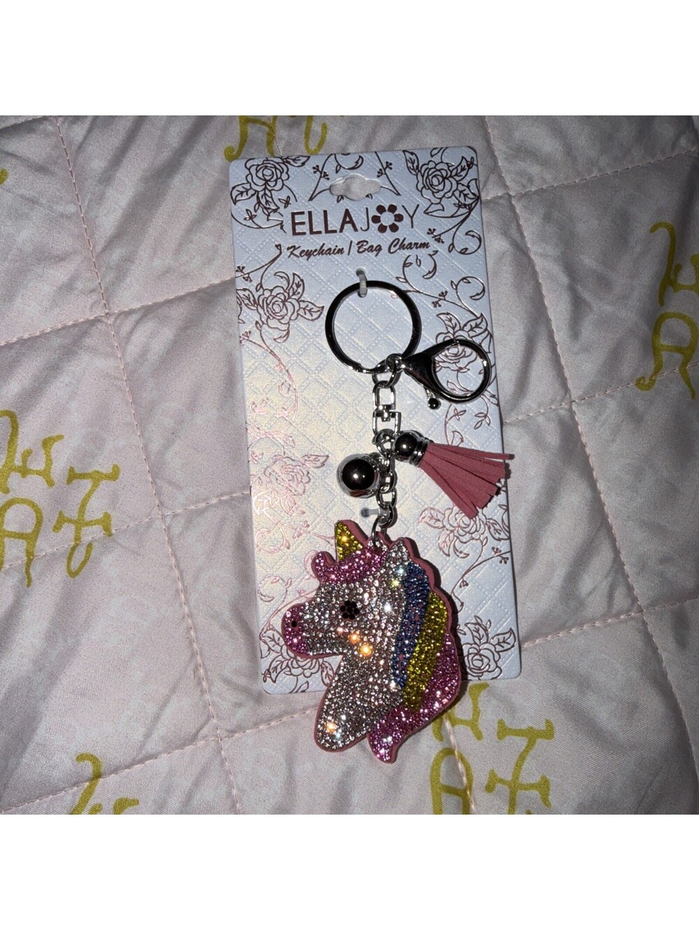 ELLAJOY SILVER TONE PINK UNICORN TASSEL COLOR CRYSTAL BAG CHARM & KEYCHAIN